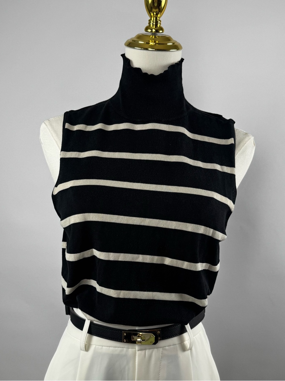 Lauren Ralph Lauren Black Ivory Striped Sleeveless Mock Neck Top M - Picture 3 of 16